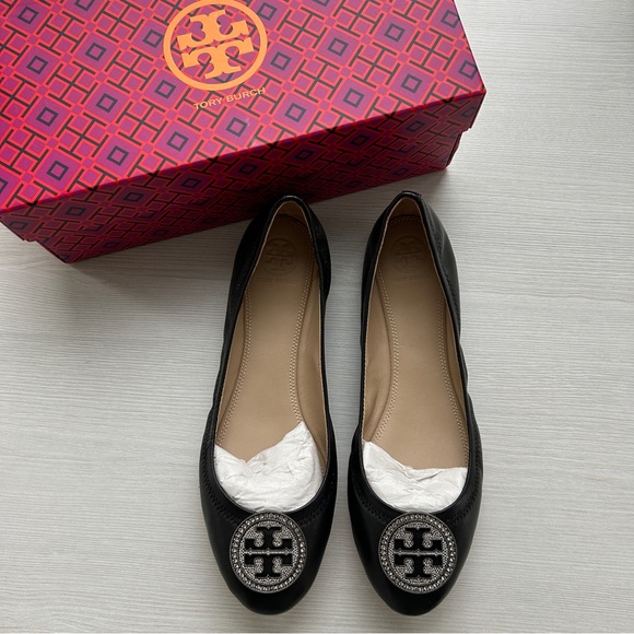 NIB Tory Burch "Liana" Genuine Leather Ballet Flat Black, Crystal T Logo Sz 7.5M - Picture 4 of 9